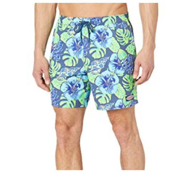 Vineyard Vines Chappy 7" Trunks Swim Liner Men Small Blue Green Floral Print NWT - Picture 1 of 6